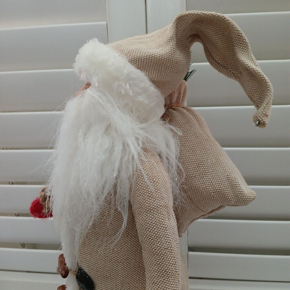 Christmas Santa Figurine Large 18" Tall Fabric Decor Holding Pinecone & Bag - Picture 7 of 13